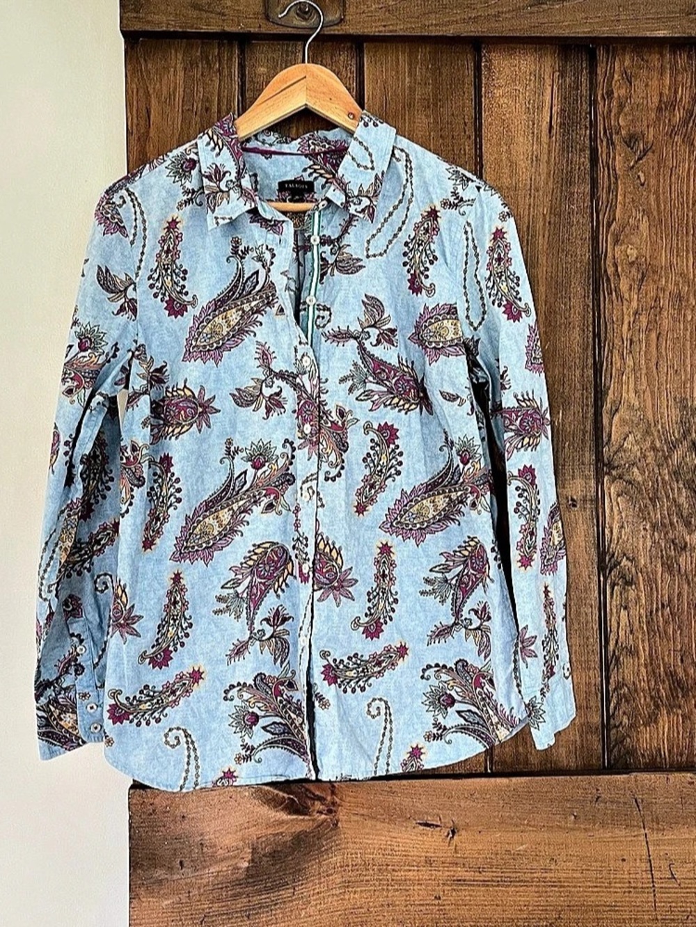 Talbots Blue Paisley Print Grosgrain Ribbon Placket Button Down Shirt Cotton Med